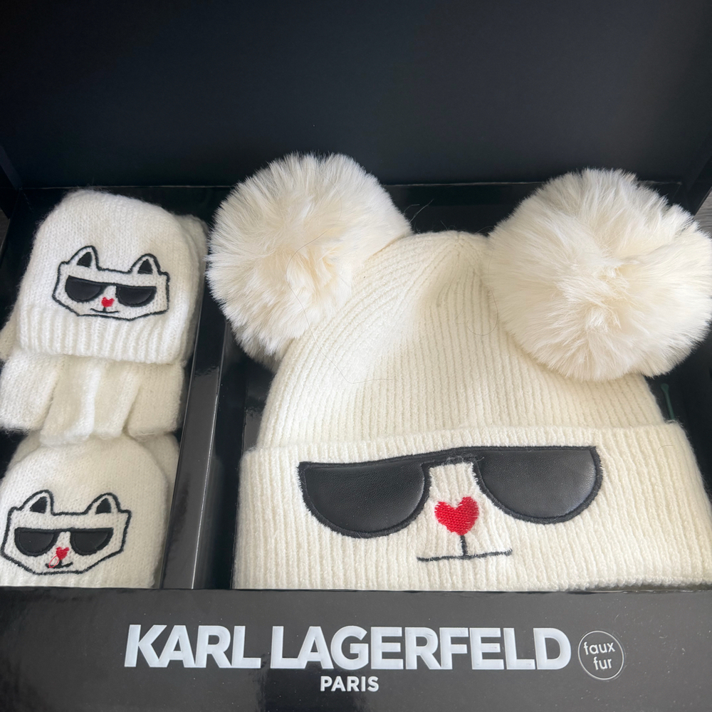 Karl Lagerfeld Paris Choupette Beanie & Fingerless Gloves Gift Set NIB